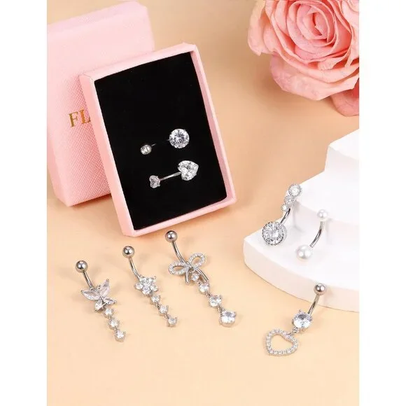 Chic 8 Pcs Belly Button Rings Set - Hypoallergenic Dangle & Short Styles - Picture 4 of 9